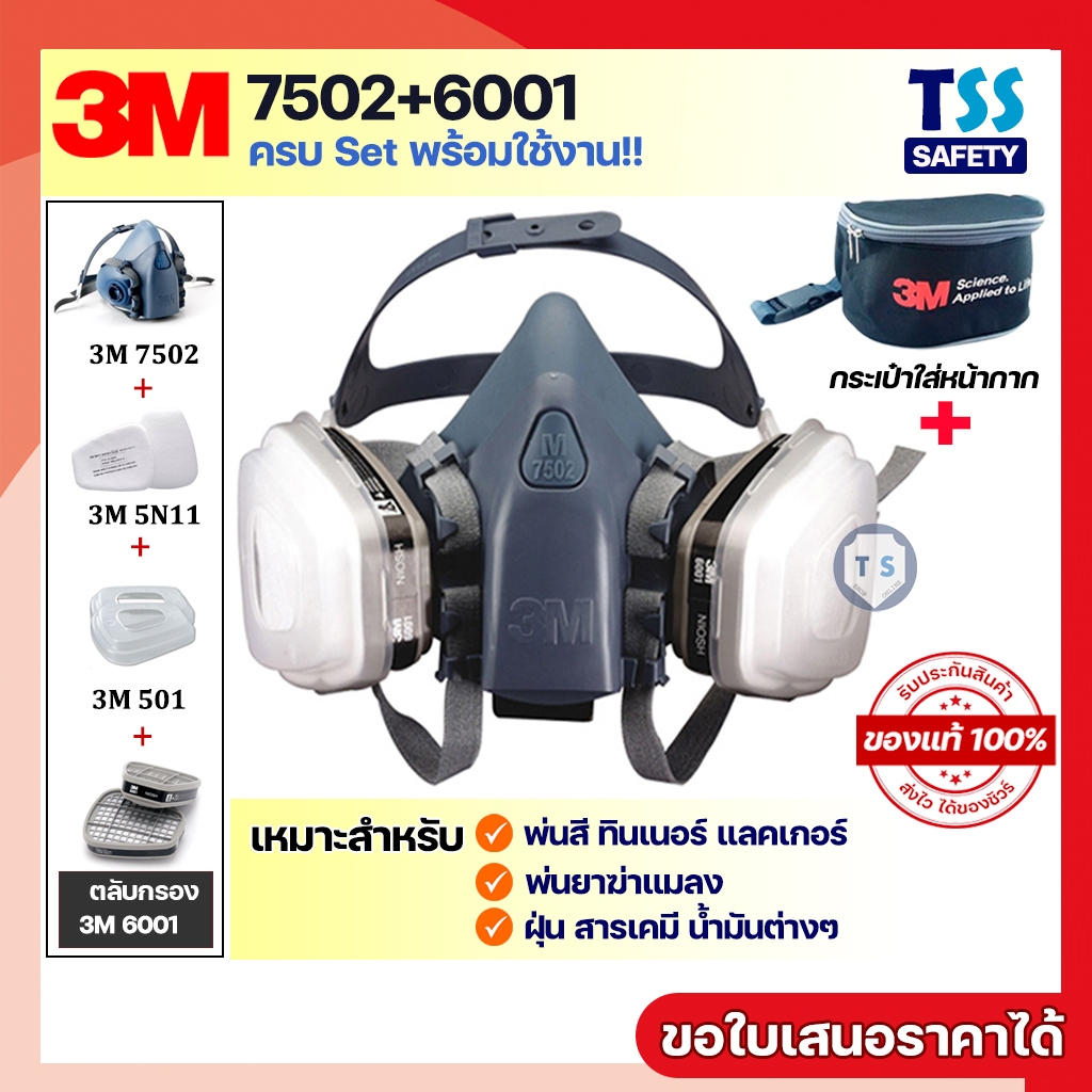 [ของแท้]3M 7502+3M 6001 ชุดหน้ากากสำหรับงานพ่นสี พ่นยาฆ่าหญ้า ยาฆ่าแมลง