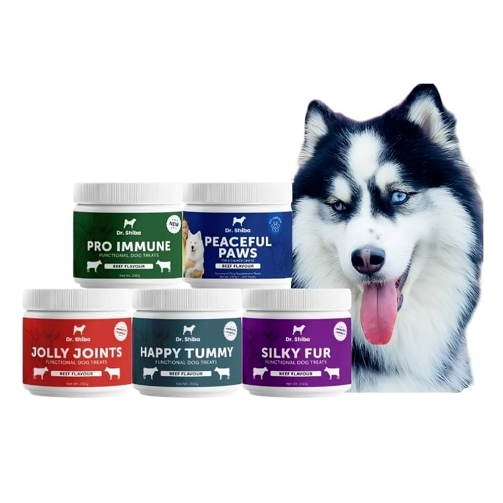 Dr. Shiba (5 สูตร 5 กระป๋อง) Happy Tummy, Jolly Joints, Silky Fur, Pro Immune, Peaceful Paws
