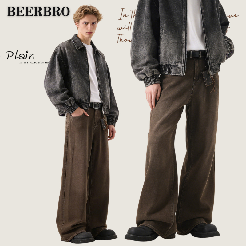 beerbroth-กางเกงยีนส์สีน้ำตาลฟอกสไตล์วินเทจ ทรงหลวมแบบอเมริกัน ใส่ได้ทั้งชายและหญิง ทรงเข้ารูป
