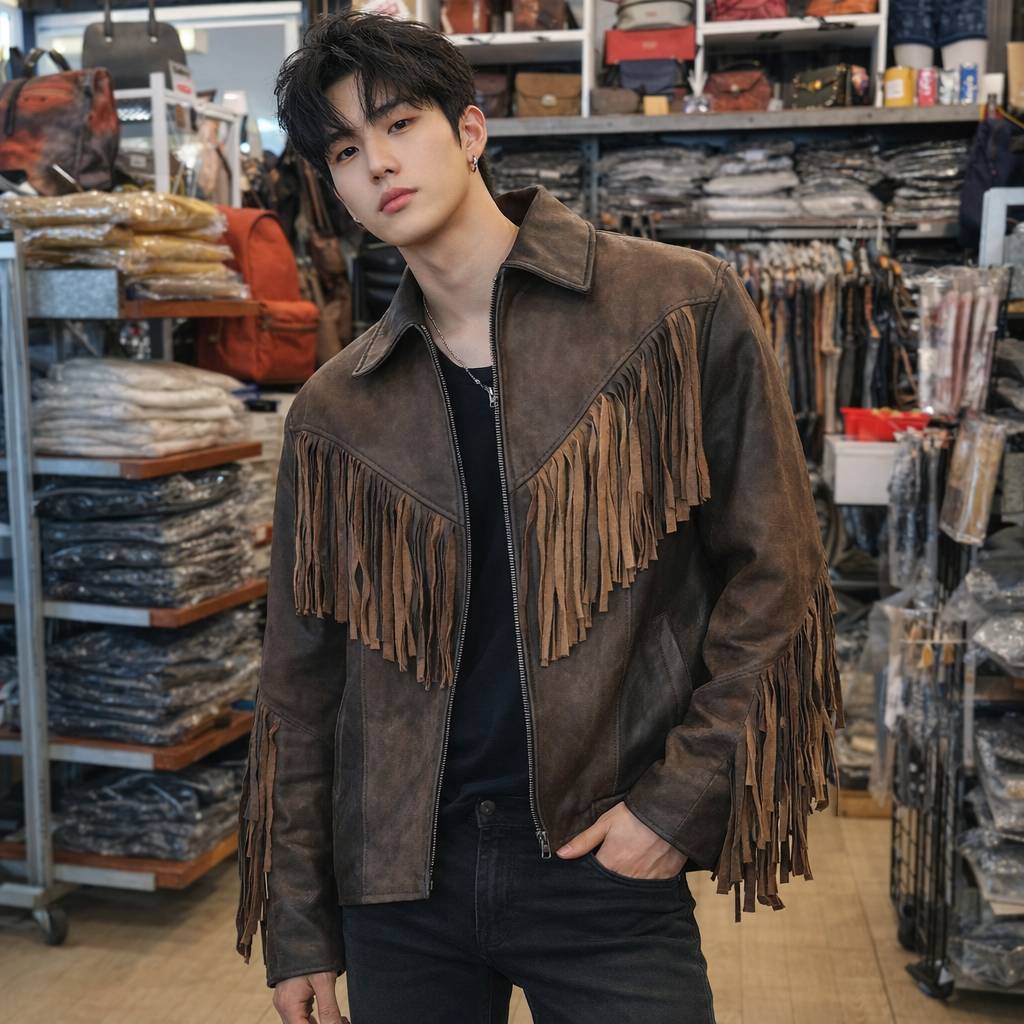 แจ็คเก็ตคาวบอยหนังแท้ เสื้อคาวบอยหนังแขนยาว เสื้อแจ็กเก็ตเแบบซิปหน้า ประดับด้วยพู่ Cowboy Jacket