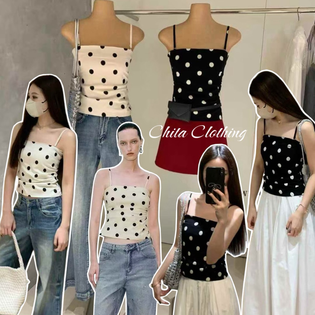 📍พร้อมส่ง📍8860 ดำเสื้อสายเดี่ยวลาย polka dotสายถอดออกได้ ได้จะใส่เป็นเกาะอกก็ดูsexyเนื้อผ้าดี TAG:WG.WE 🇰🇷