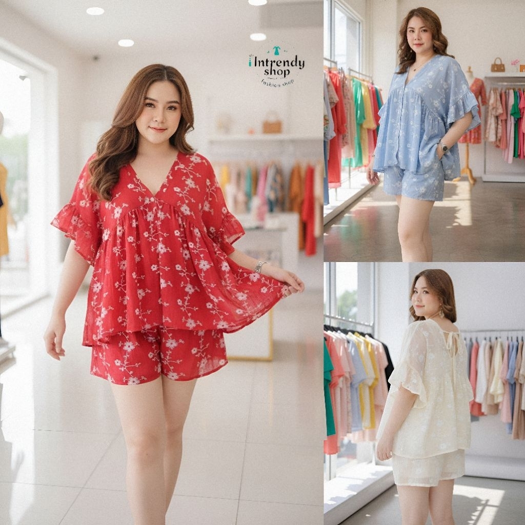 New.2 Setขาสั้นลายดอก+เสื้อผูกหลังแขนระบายสาวอวบ {อก: 36 - 46 นิ้ว } ใส่สวย เป็นผ้าคอตตอนพิมพ์ลาย.