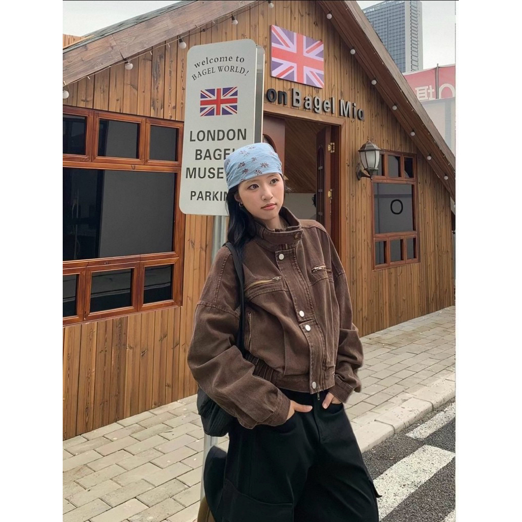 Short Biker Jacket Khaki/Brown