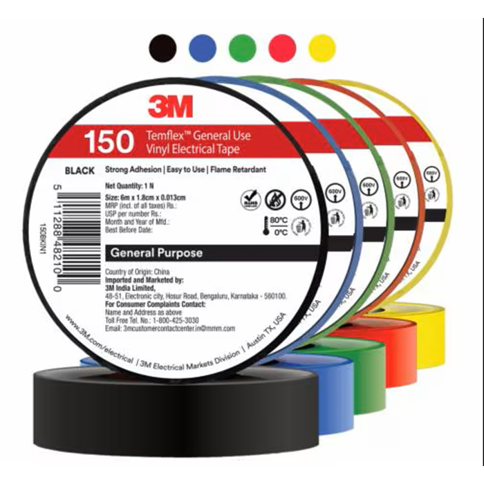 3M เทปพันสายไฟ TEMFLEX 150 สีดำ กว้าง 19 มม. ยาว 10 ม. หนา 0.13มม. (9 แถม 1)ทนแรงดันไฟฟ้า 600V ทนอุณหภูมิสูงสุด 80°C 8สี