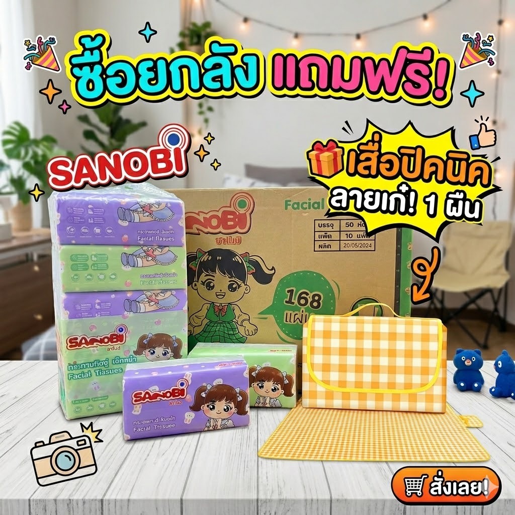 กระดาษเช็ดหน้า 2 ชั้น SANOBI ขนาด 19x19.5cm. จำนวน 168 แผ่น แบบยกลัง