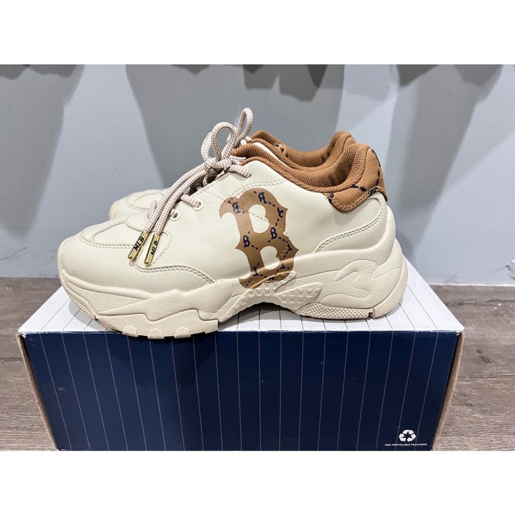 รองเท้าผ้าใบ MLB Bigball Chunky Dia Monogram Boston Redsox รองเท้าสีครีมน้ำตาล logo B แท้ 100% จากช้