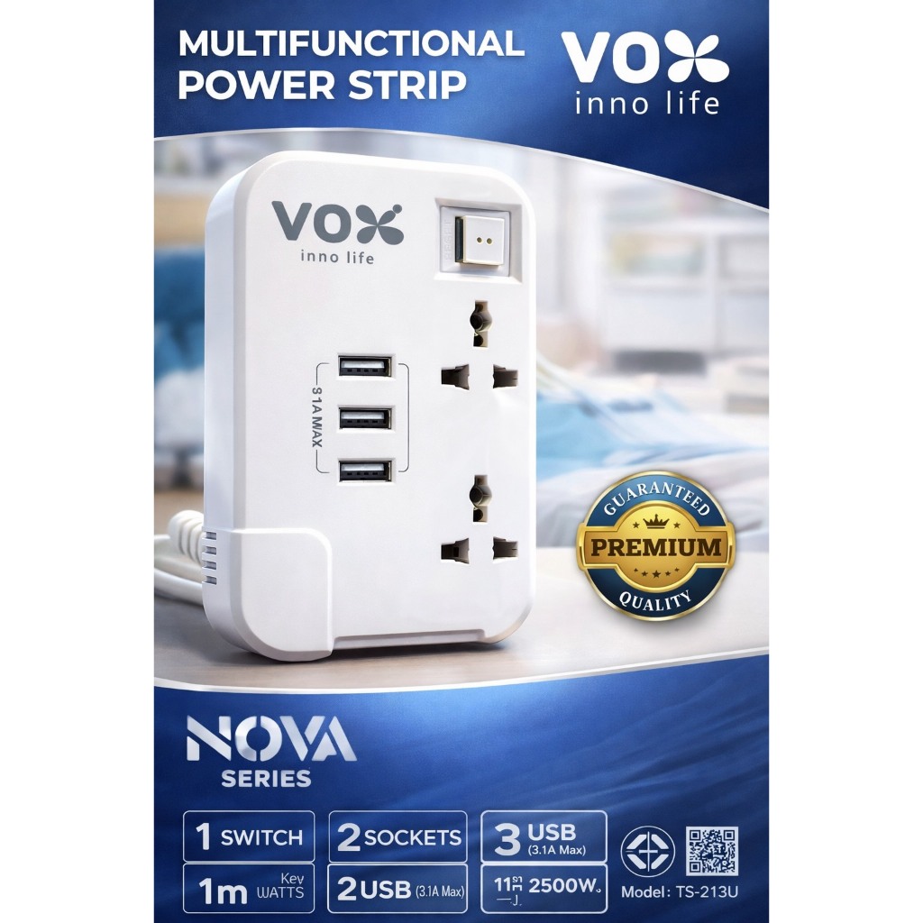 VOX NOVA SERIES TS-213U - 2 SOCKET 1 SWITCH 3 USB-A 1 METER 2500 WATT (WHITE)