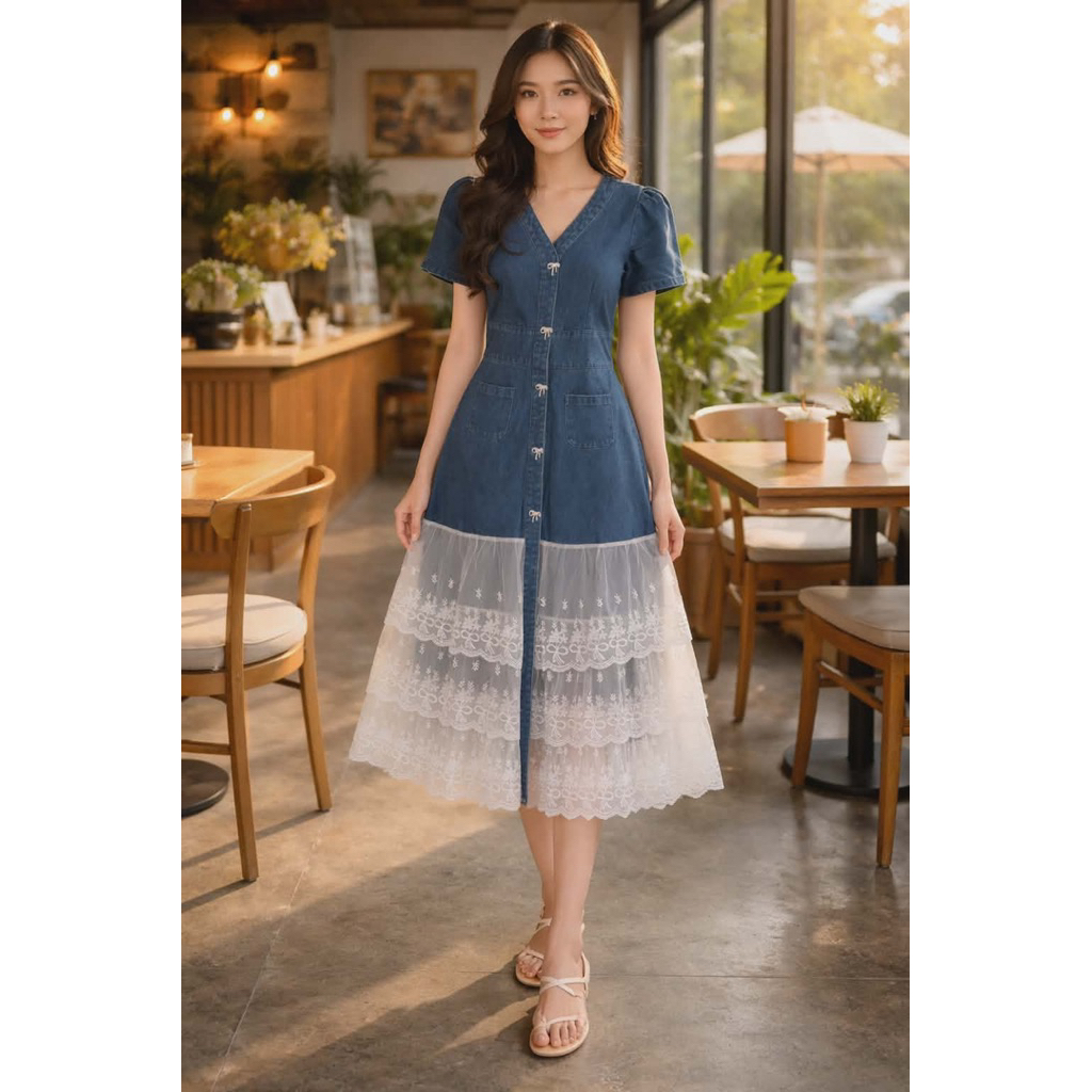 Jasmine > เดรสยีนส์แต่งชายลูกไม้ แต่งกระดุมโบว์ B258