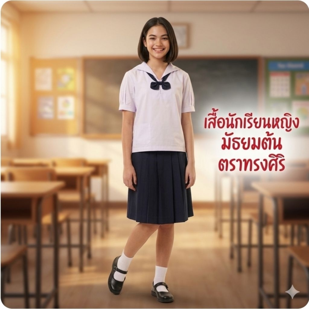 เสื้อนักเรียนหญิง ม. ต้น ปกทหารเรือ ตราทรงศิริ เบอร์ 34 ถึง 52