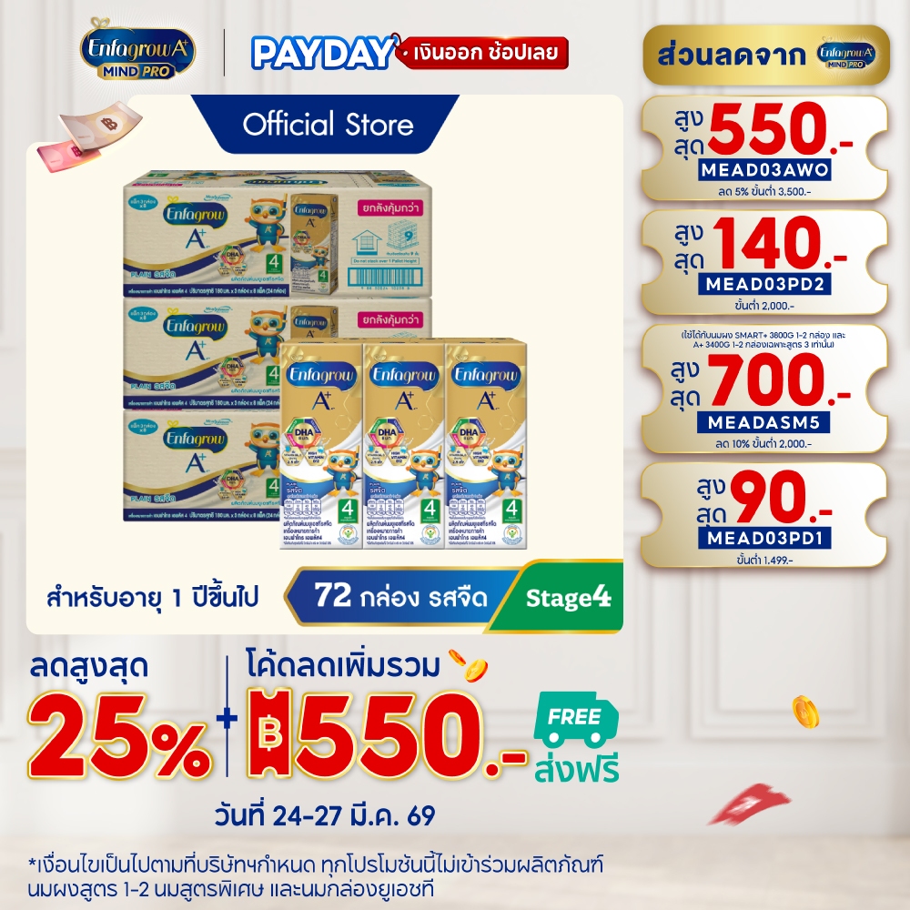 นมกล่อง เอนฟาโกร ยูเอชที สูตร4 ชนิดจืด (24 กล่อง) x3 ลัง Enfagrow UHT Stage4 Plain (24 boxes) x3 cas