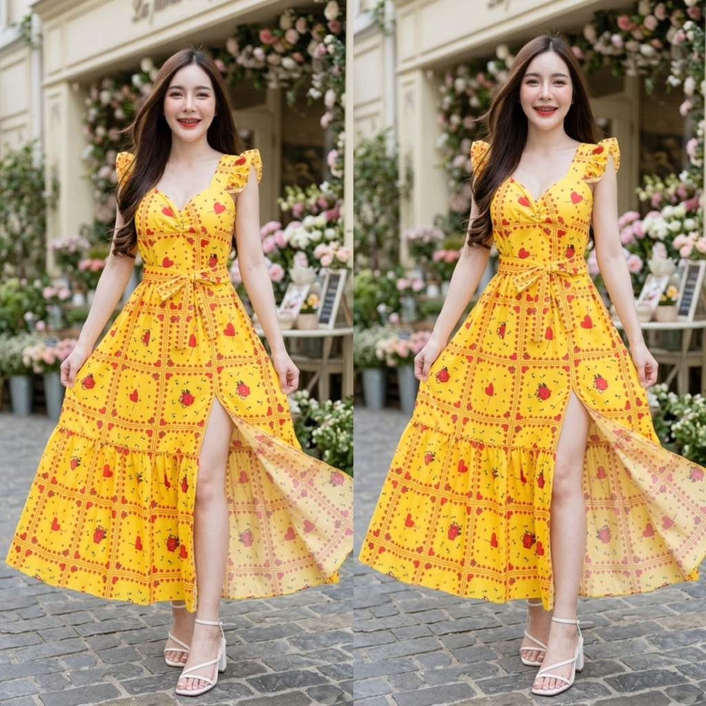 เดรสยาว แขนระบายผ่าหน้า