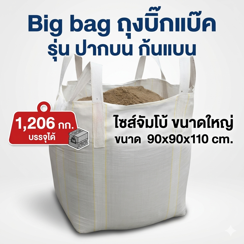 Big bag ถุงบิ๊กแบ๊ค รุ่น ปากบน ก้นแบน ไซต์จัมโบ้ ขนาดใหญ่ ขนาด 90x90x110 cm. บรรจุได้ 1,206 กก.