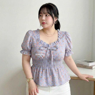 P20 🌼 [S-XXXXXL] เสื้อสาวอวบ ลายดอกไม้น่ารัก ทรงPeplum สวย ใส่สบาย แต่งโบว์หน้า มีสม็อคเอวยืด รอบอกใหญ่พิเศษ 32-60 นิ้ว