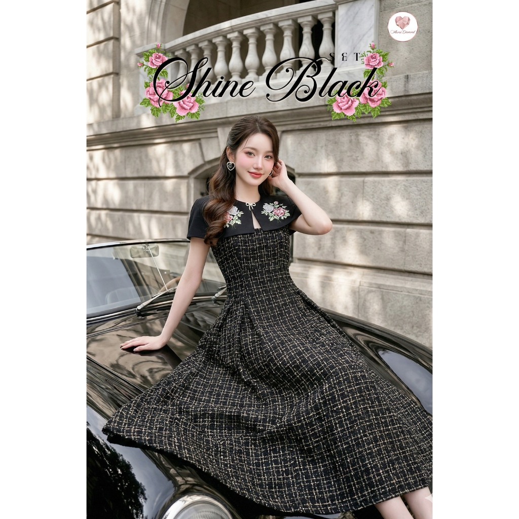 (มี3XL) สีดำ Shine Black Dress เดรสยาวผ้าทอทวีตสีดำ กระโปรงทรงสวยจับจีบสายเดี่ยวมีซับใน + collar งานปักกุหลาบ