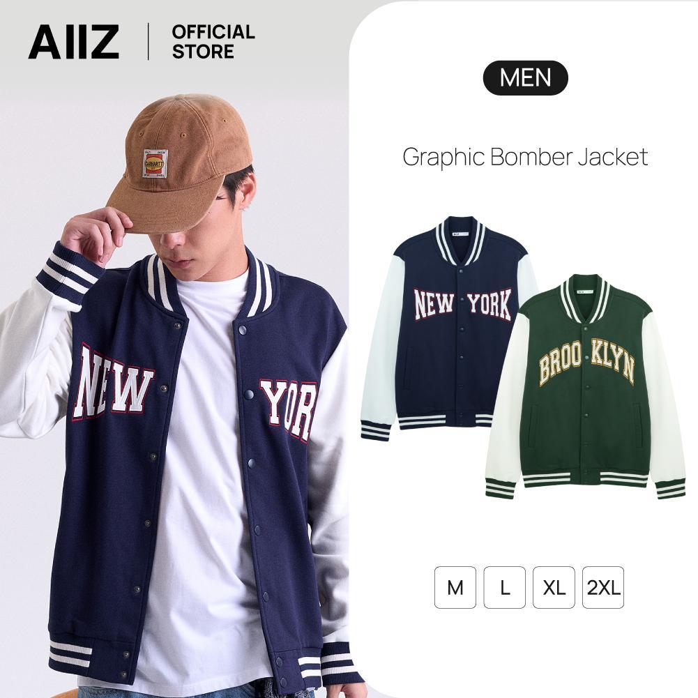 AIIZ เสื้อแจ็กเก็ตผู้ชายคอบอมเบอร์ปักลายกราฟิก AIIZ Men’s Graphic Bomber Jacket