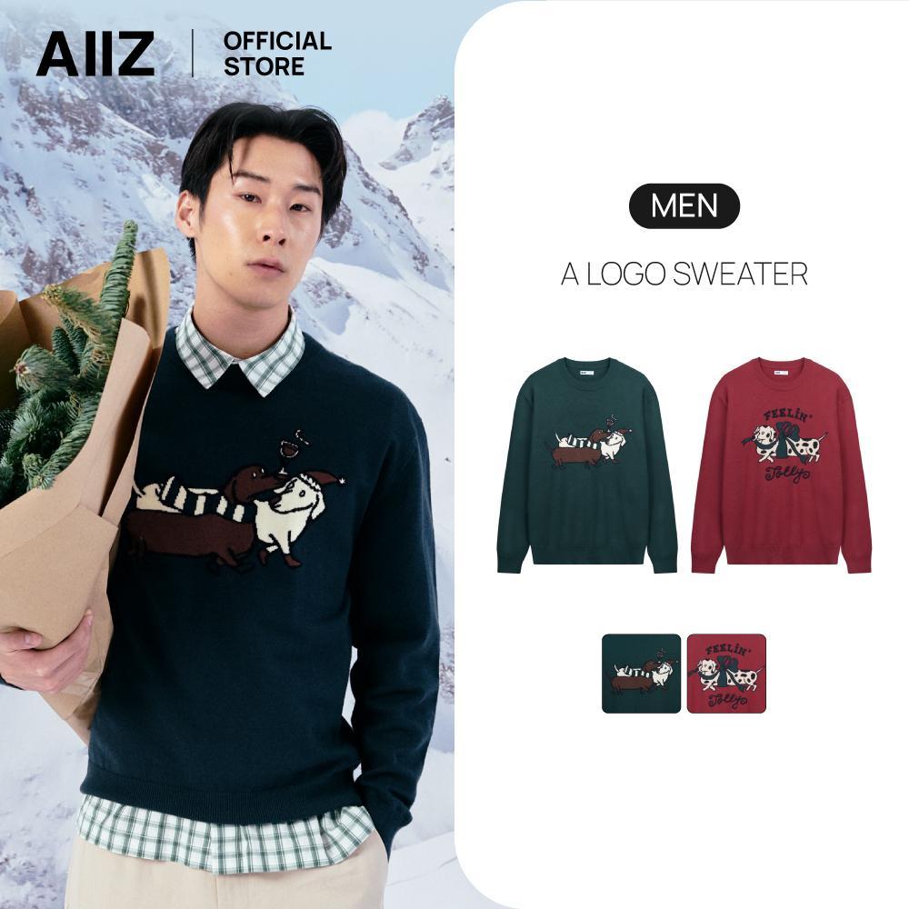 AIIZ เสื้อสเวตเตอร์ผู้ชายคอกลมแขนยาวทอกราฟิก AIIZ Men's A Logo Sweater