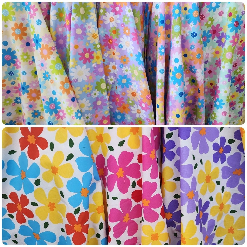 มีส่งด่วนทันที!!! ผ้าลาย ดอกไม้ สีสด ปีใหม่ ย้อนยุค วินเทจ พร้อมส่ง ตัดยาวต่อเนื่อง กว้าง 110-115cm