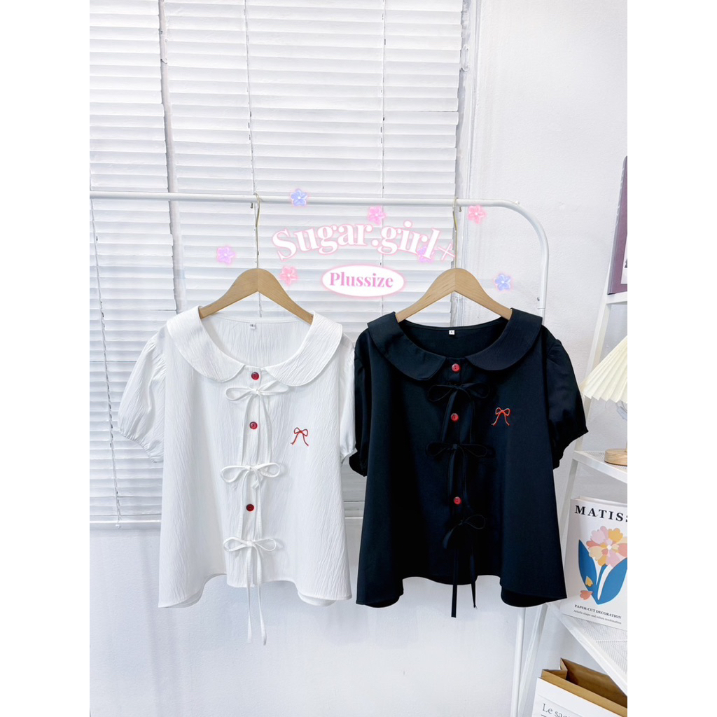 Ribbon top เสื้อคอบัวBigsize กระดุมแดงปักลายโบว์ อก 34-54”