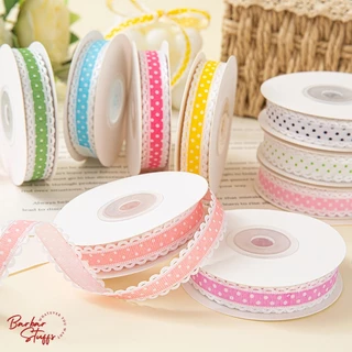 🇹🇭🚀💥(แบ่งตัด 1 หลา) ริบบิ้นผ้ากรอสเกรน ขอบลูกไม้ ลายจุด Polka Dot โทนสีสวยสดใส ผูกโบว์ ผูกของขวัญ