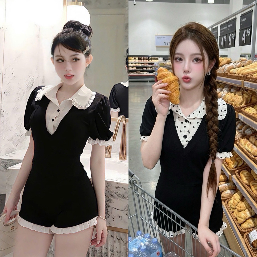 Teera❤️พร้อมส่ง✨Jumpsuit✨จั๊มสูทแขนตุ๊กตา ผ้ายืด’ ดีเทลแต่งคอปกสลับสีชุด ขอบกางเกงแต่งระบาย ซิปหลัง🍒ทรงน่ารัก goodluck