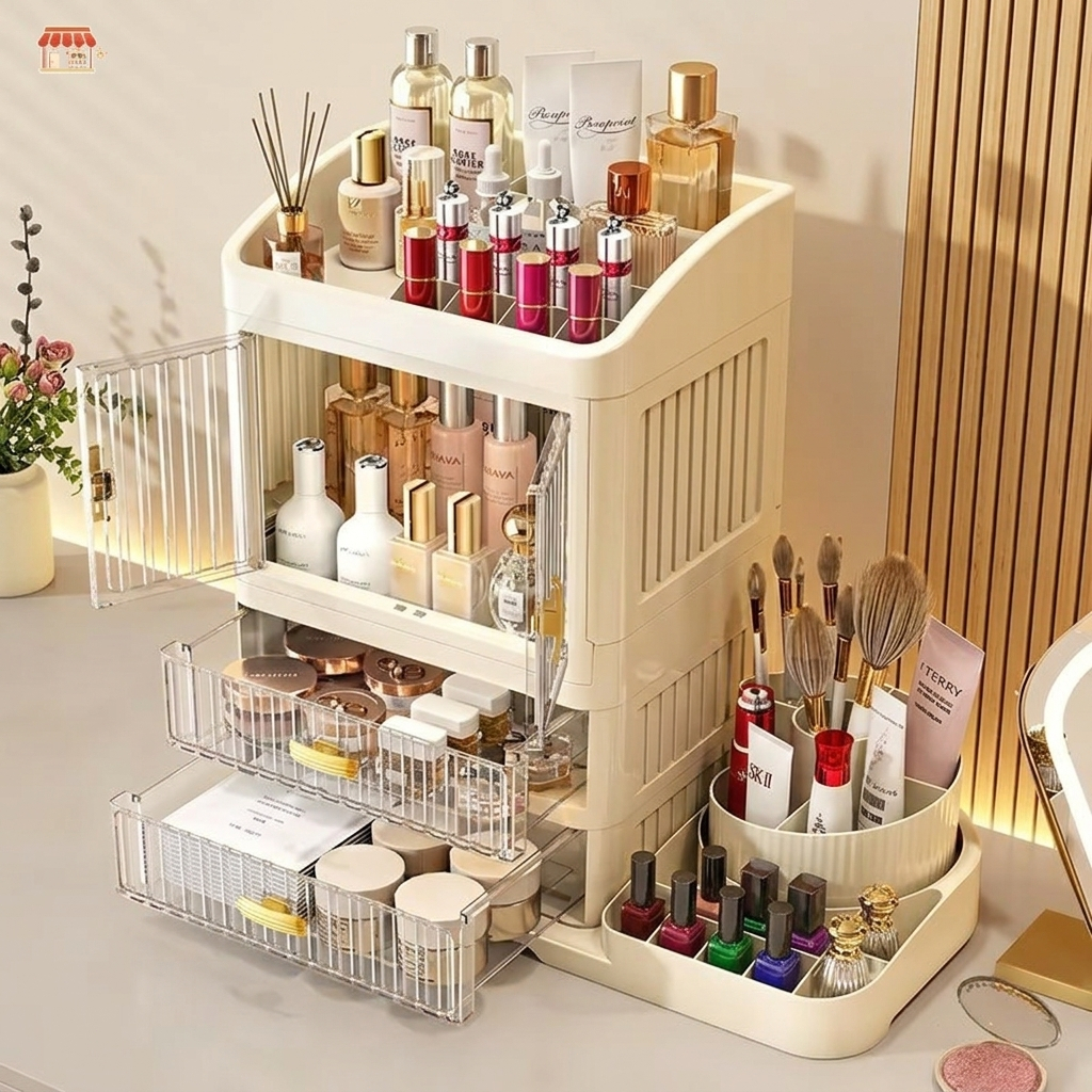 FORYO ตู้เก็บเครื่องสำอางพับได้ สไตล์มินิมอล 2-3 ชั้น มีฝาครอบกันฝุ่น มีประตูล็อก วัสดุPP แข็งแรง
