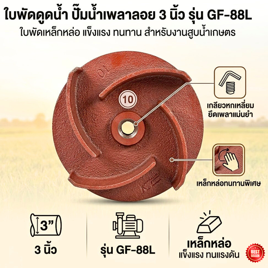 ใบพัดดูดน้ำ ปั๊มน้ำเพลาลอย 3 นิ้ว รุ่น GF-88L ใบพัดเหล็กหล่อ แข็งแรง ทนทาน สำหรับงานสูบน้ำเกษตร