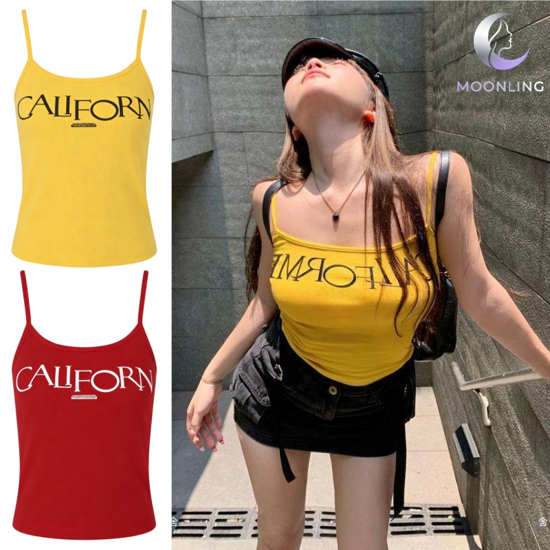 Moonling🔥พร้อมส่งจากไทย เสื้อสายเดี่ยว ลายสกีนตัวอักษร มีฟองน้ำ FY3433