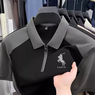 เสื้อโปโลผู้ชาย สีดำ/เทา มีปก มีซิป สไตล์สปอร์ต