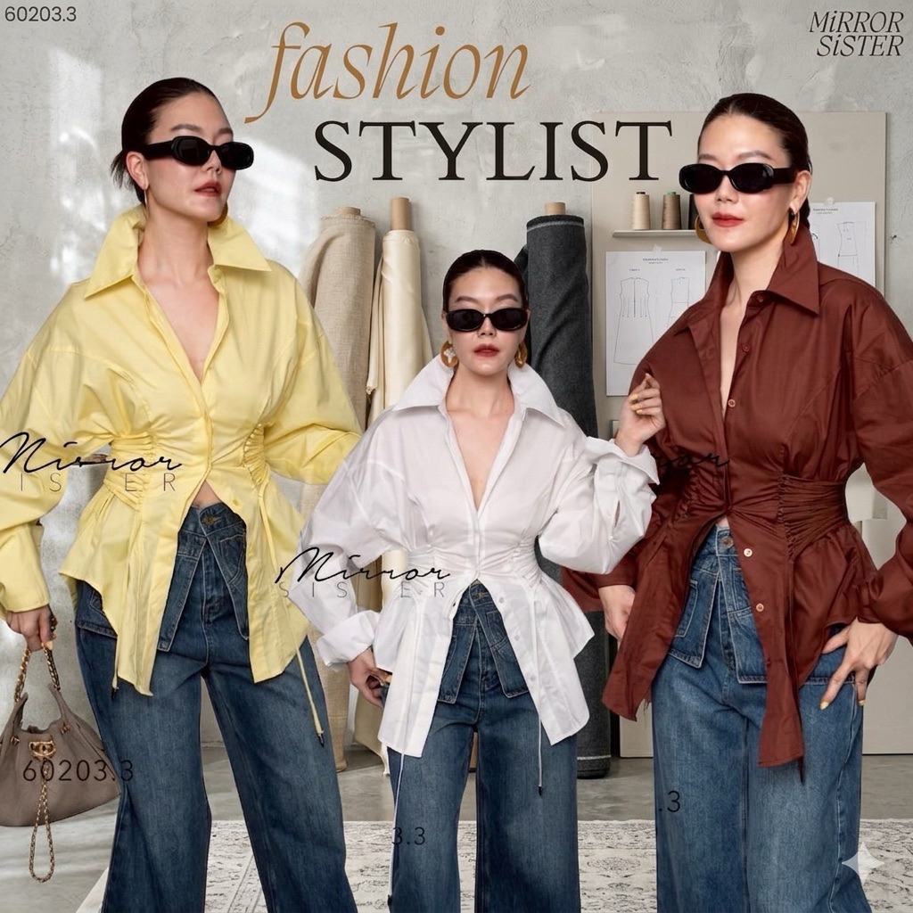 MirrorsisteR 60203.3 เสื้อเชิ้ต ทรง Oversized ช่วงเอวร้อยเชือกสม็อค