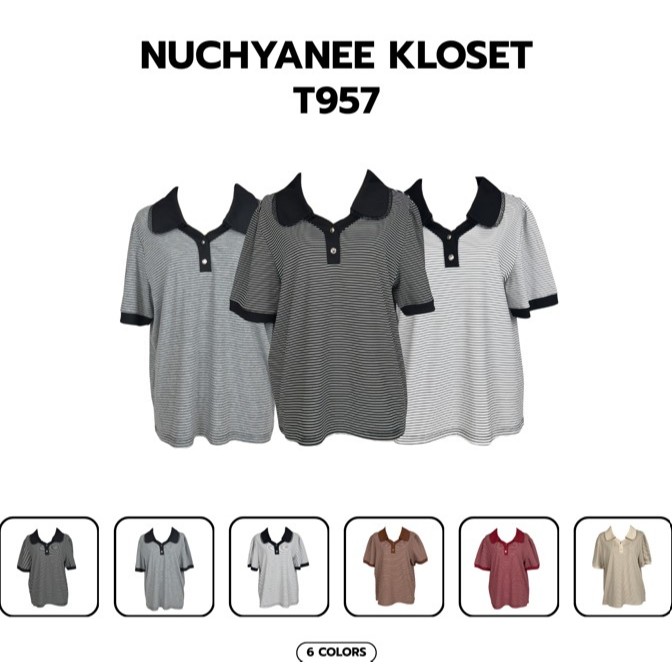 (T957)งานเสื้อคอตตอนคอปกลูกไม้ลายริ้ว