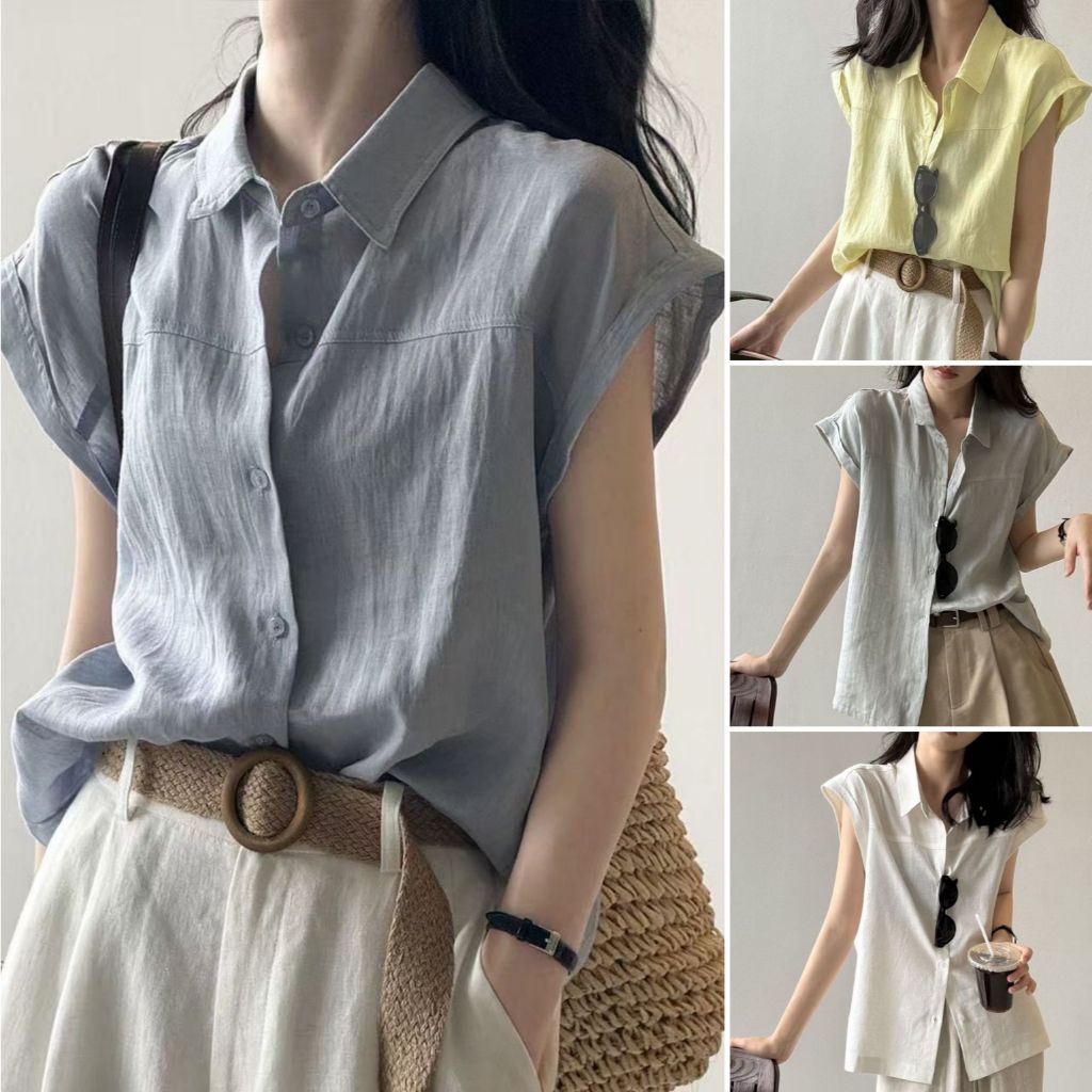 เสื้อเชิ๊ตผู้หญิง เสื้อเชิ๊ตแขนกุด คอปก ผ้าฝ้าย สีพื้น เสื้อใส่ทำงาน SP-33