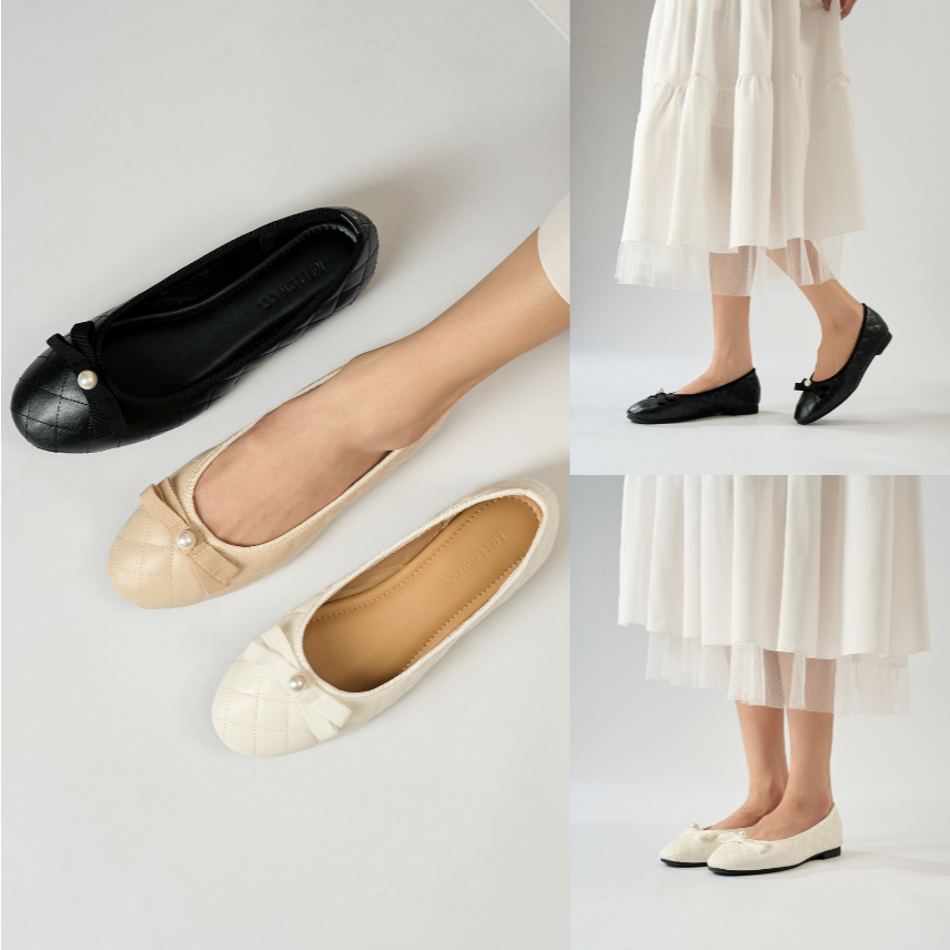 Mellowco รองเท้าบัลเล่ต์หนัง Quilted ประดับโบว์มุก Ballerinas รุ่น Call Me Lily M1-C5005