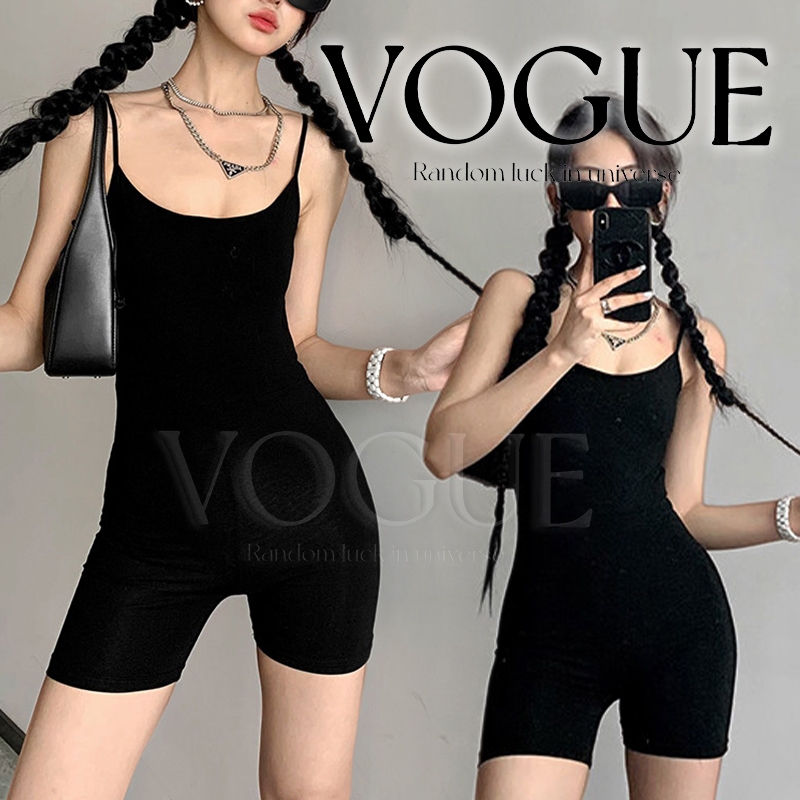 Vogue🌟พร้อมส่ง🌟 ชุดเอี๊ยมสายเดี่ยว คอกว้าง สีดำผ้านุ่มลื่น ยืดสบาย ใส่ได้หลายแบบ (FY2098#1)