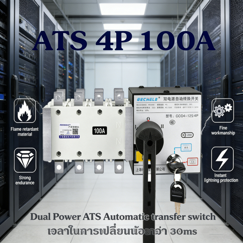 ATS 4P 100A สวิตช์เปลี่ยนอัตโนมัติ 400V Dual Power Automatic Transfer Switch เปลี่ยนไว <30ms