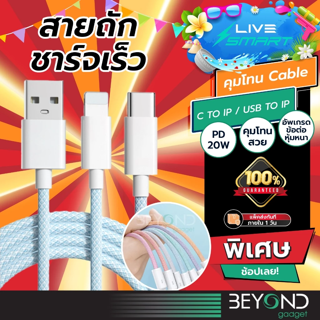 อัพเกรด❗️ สายชาร์จ Livesmart คุมโทน C to IP PD 20W สายชาร์จเร็ว USB to IP 2.4A Fast Charge สำหรับไอโฟน