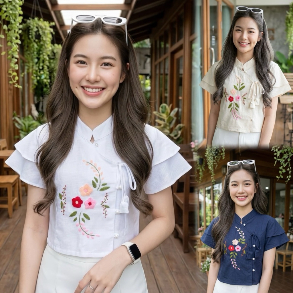 เสื้อพื้นเมืองผู้หญิงคอจีนป้ายผูกโบว์แขนระบายสองชั้น ปักดอกด้วยมือ