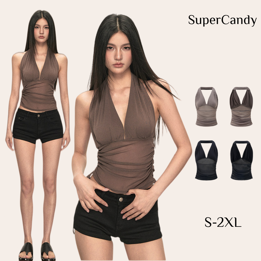 SuperCandy🌷เสื้อชั้นในสตรีเปลือยหลังคล้องคอสวมใส่ด้านนอกและด้านในเสื้อแขนกุดสาวฮอตสไตล์ฤดูร้อนใหม่ของผู้หญิง
