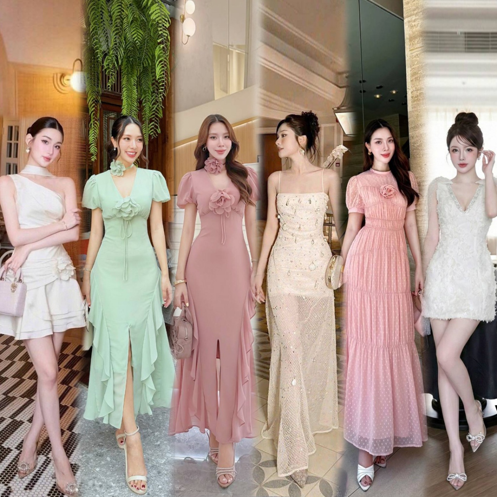 XS-XL ชุดเดรสราตรีสีขาว,ชมพู,ครีม,เขียว,ทอง ใส่ออกงาน งานแต่ง งานเลี้ยง ชุดชีฟอง