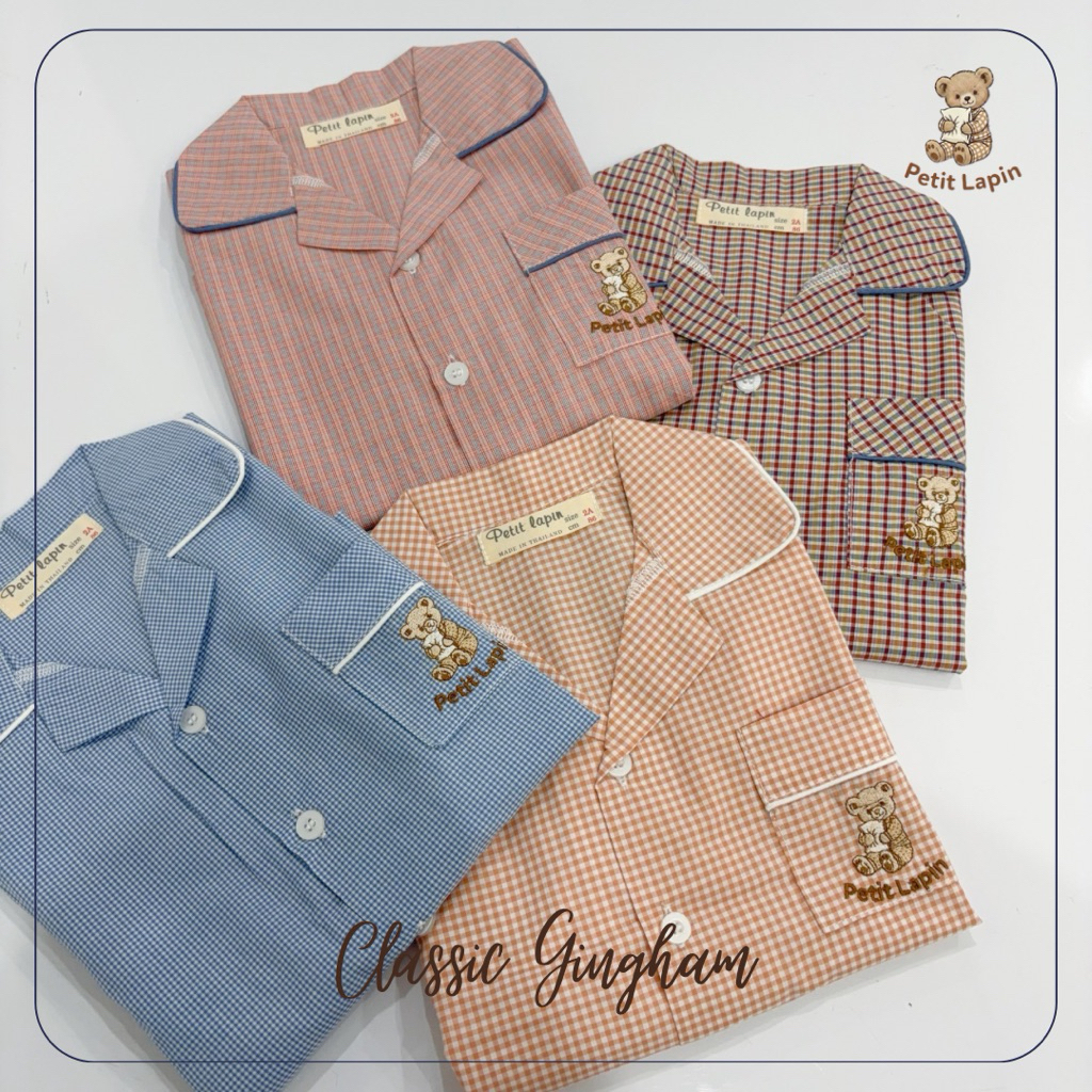 🐻ลายสก๊อต ~ ชุดนอนเด็กชาย ~ แขนยาว ขายาว ~ ผ้า 100% Cotton Muslin Japan