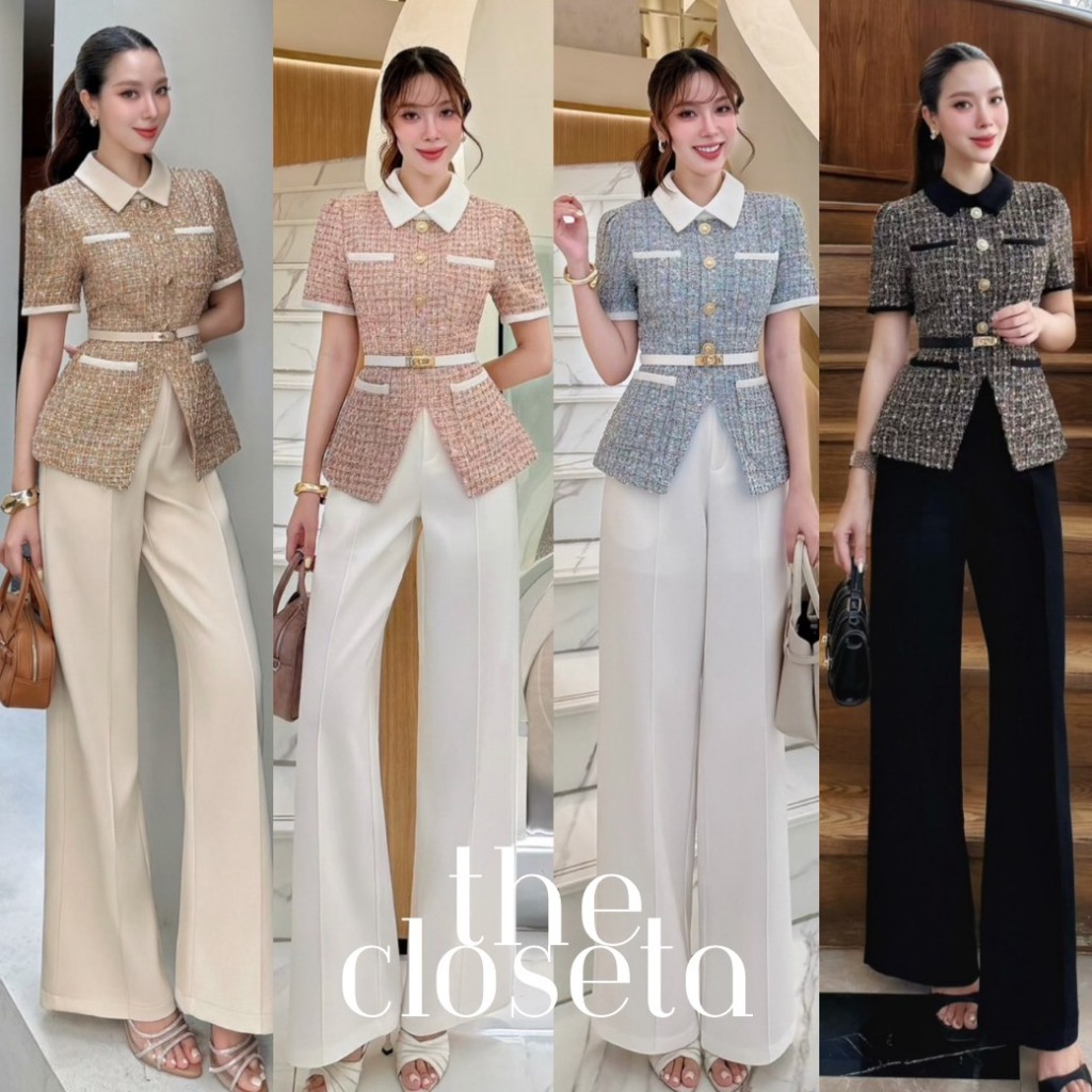 THE CLOSETA : LB590 ชุดเซ็ต3ชิ้น เสื้อผ้าทวิตคอปกสีดำแขนสั้นมาพร้อมกางเกงผ้าสูทสีดำ เข็มขัดเข้าชุด