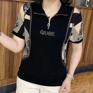 เสื้อตัวเล็กสำหรับคุณแม่ต่อลายใหม่ปี 2026 เสื้อเชิ้ตคอเปิดครึ่งซิปสำหรับวัยกลางคนและผู้สูงอายุ เสื้อแขนสั้นประดับพลอยเที