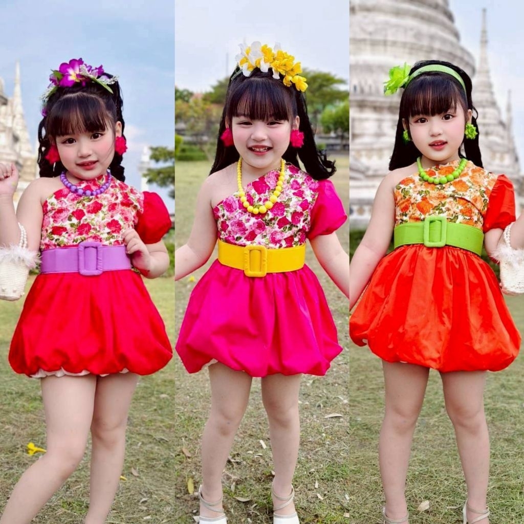 ชุดกระโปรงเด็กผู้หญิงทรงบอลลูน​และชุดเซ็ต2ชิ้นเสื้อและกระโปรง #สงกรานต์​