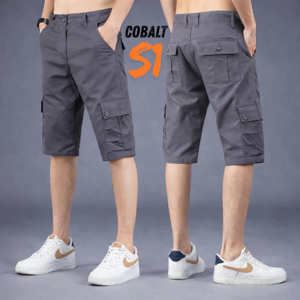 COBALT S1 กางเกงคาร์โก้ ขาสั้น 6 กระเป๋า สีเทา ผ้าคอตตอน ผ้าหนา เอว 28-40 นิ้ว