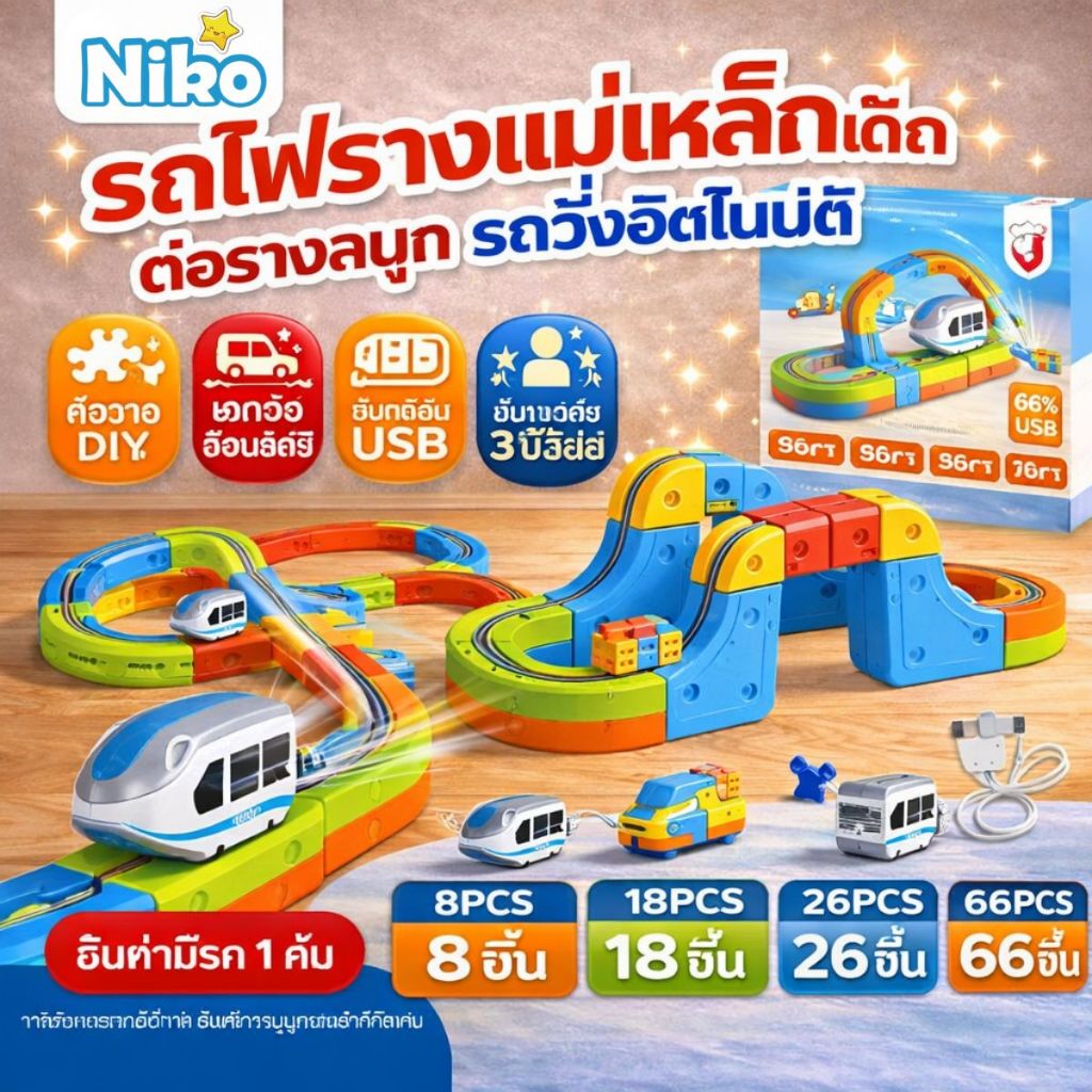 NIKO รถไฟรางแม่เหล็กเด็ก ต่อรางได้เอง รถวิ่งอัตโนมัติ ชาร์จ USB ของเล่นเด็กเสริมทักษะ 3 ปีขึ้นไป