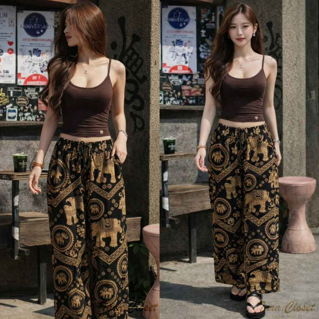 BA117 TARA Pants กางเกงช้างขายาว เอวยางยืด ทรงขากระบอกใหญ่ เนื้อผ้าไหมอิตาลีพิมพ์ลายอย่างดี สวมใส่สบาย ไม่ร้อน