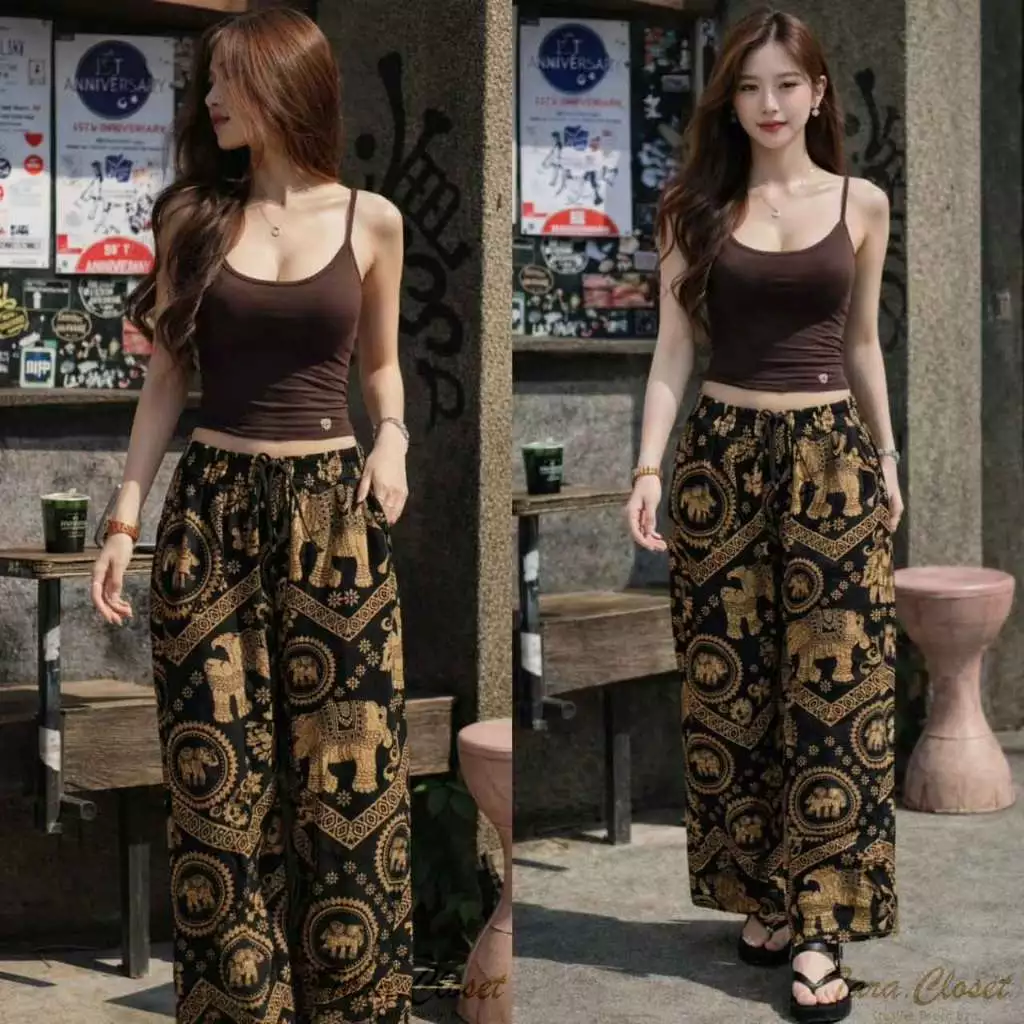 BA117 TARA Pants กางเกงช้างขายาว เอวยางยืด ทรงขากระบอกใหญ่ เนื้อผ้าไหมอิตาลีพิมพ์ลายอย่างดี สวมใส่สบาย ไม่ร้อน