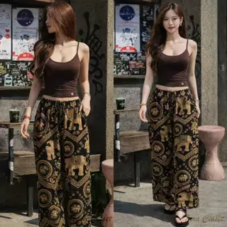 BA117 TARA Pants กางเกงช้างขายาว เอวยางยืด ทรงขากระบอกใหญ่ เนื้อผ้าไหมอิตาลีพิมพ์ลายอย่างดี สวมใส่สบาย ไม่ร้อน