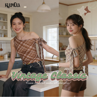 KULIMULA Scott Bow Top เสื้อเดี่ยวไหล่ลายสก็อตผู้หญิง สไตล์เ…