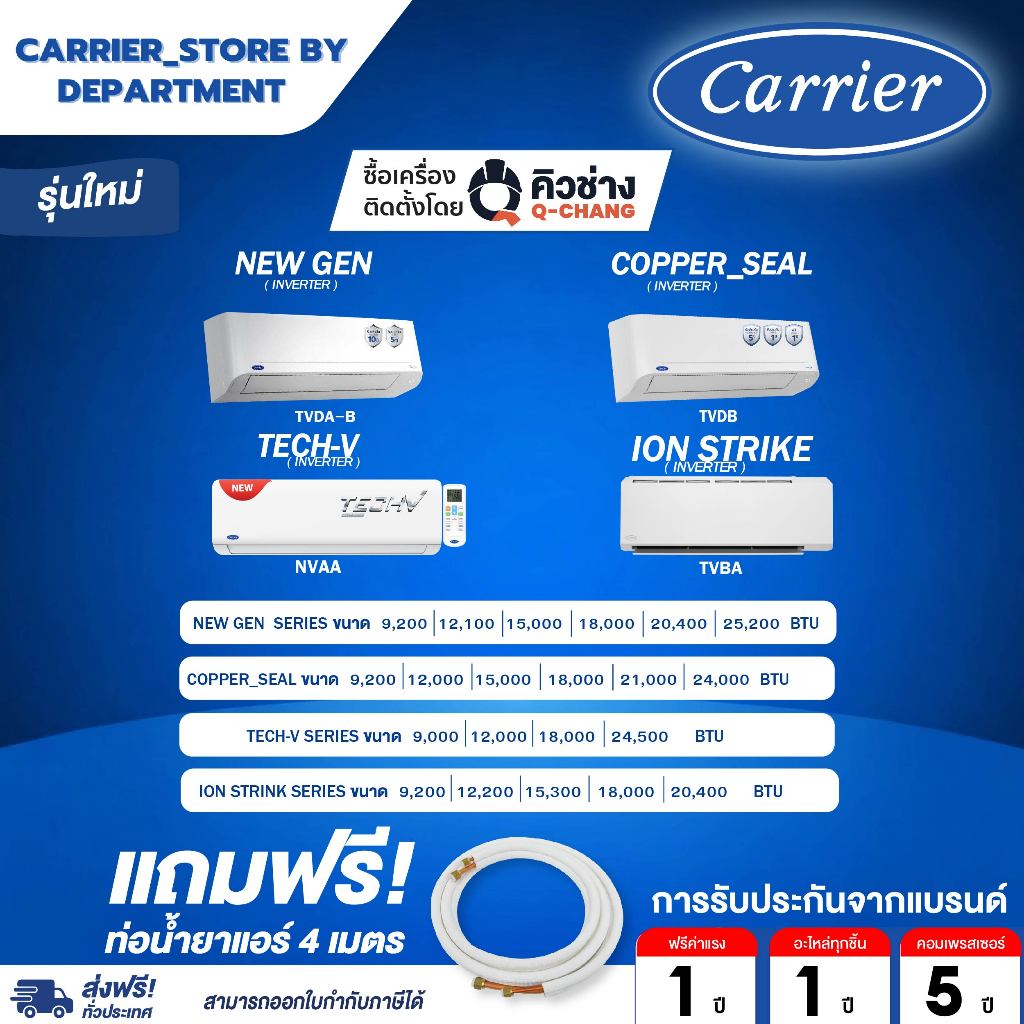 แอร์แคเรียร์CARRIERแบบติดผนังINVERTER รุ่นCOPPER SEAL 42TVDB + NEW GEN SERIES+แถมท่อน้ำยาแอร์ 4 เมตร