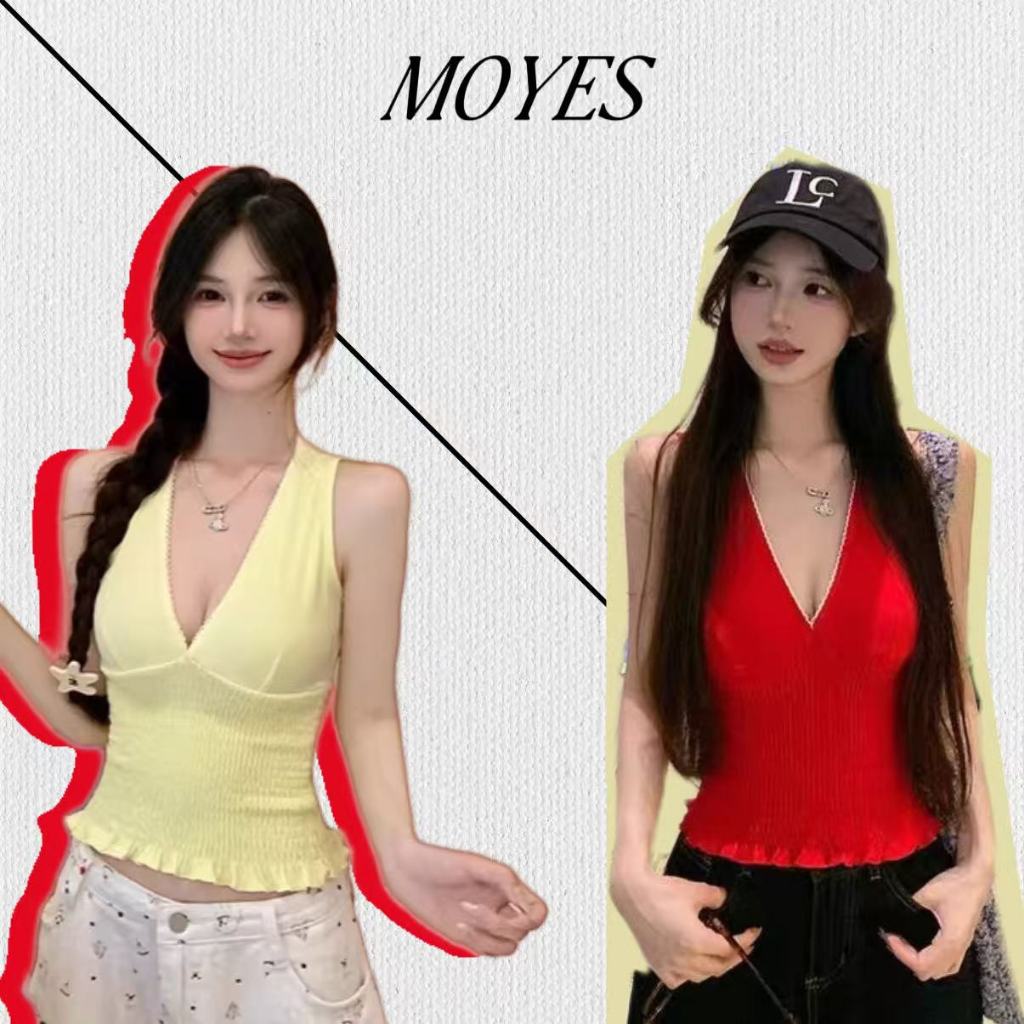 MOYES🔥พร้อมส่ง💗เสื้อกั๊กคอวีแต่งลูกไม้สุดหวานและเซ็กซี่ สไตล์เกาหลีที่ไม่เหมือนใคร สามารถใส่เดี่ยวๆ ได้ เสื้อแขนกุดจับจี